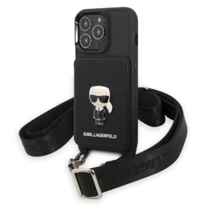 Karl Lagerfeld Crossbody Metal Ikonik Saffiano Karl's Head Back Cover Πλαστικό με Λουράκι Μαύρο (iPhone 13 Pro)