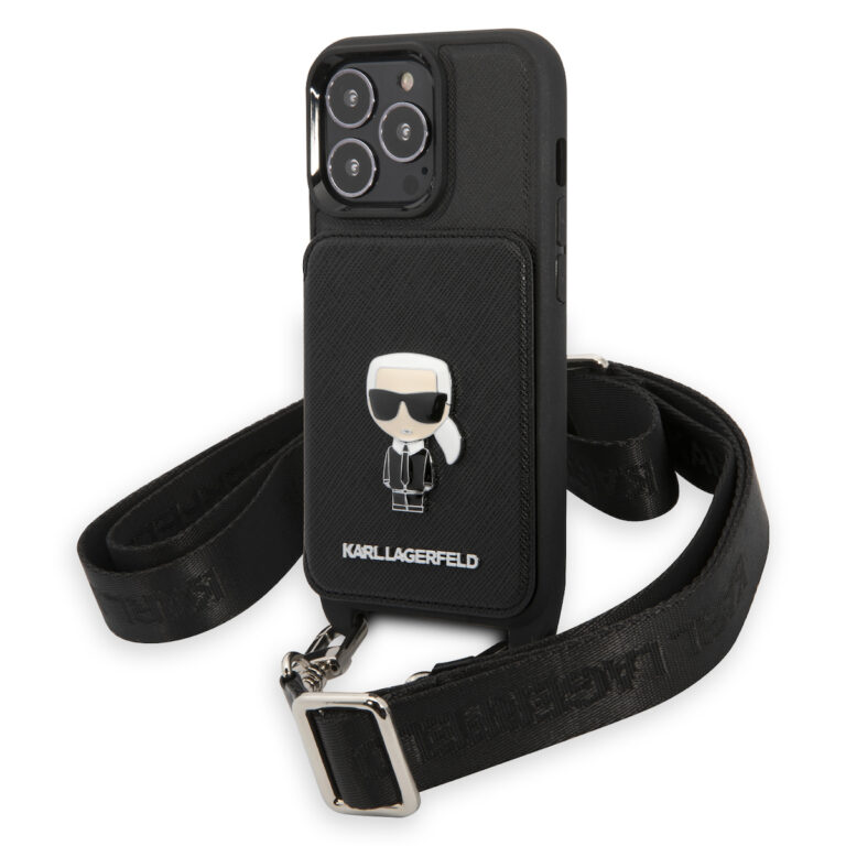 Karl Lagerfeld Crossbody Metal Ikonik Saffiano Karl's Head Back Cover Πλαστικό με Λουράκι Μαύρο (iPhone 13 Pro)