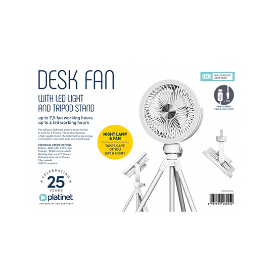 Ανεμιστήρας Γραφείου Platinet Wireless Λευκός με Led Lamp και τρίποδα